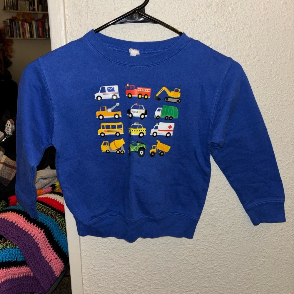 Rabbit Skins Blue Kids Sweater with Vehicle Print